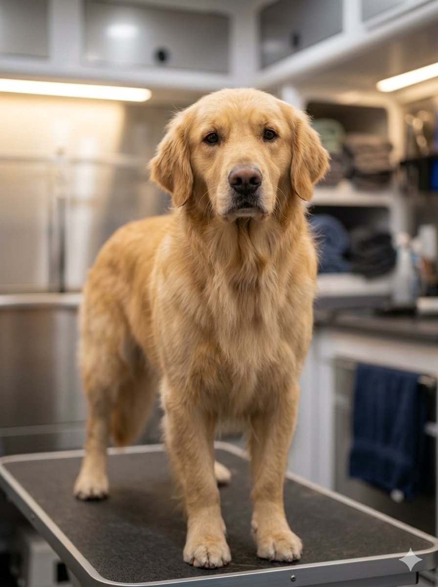 Perfectly groomed fluffy dog after professional mobile grooming