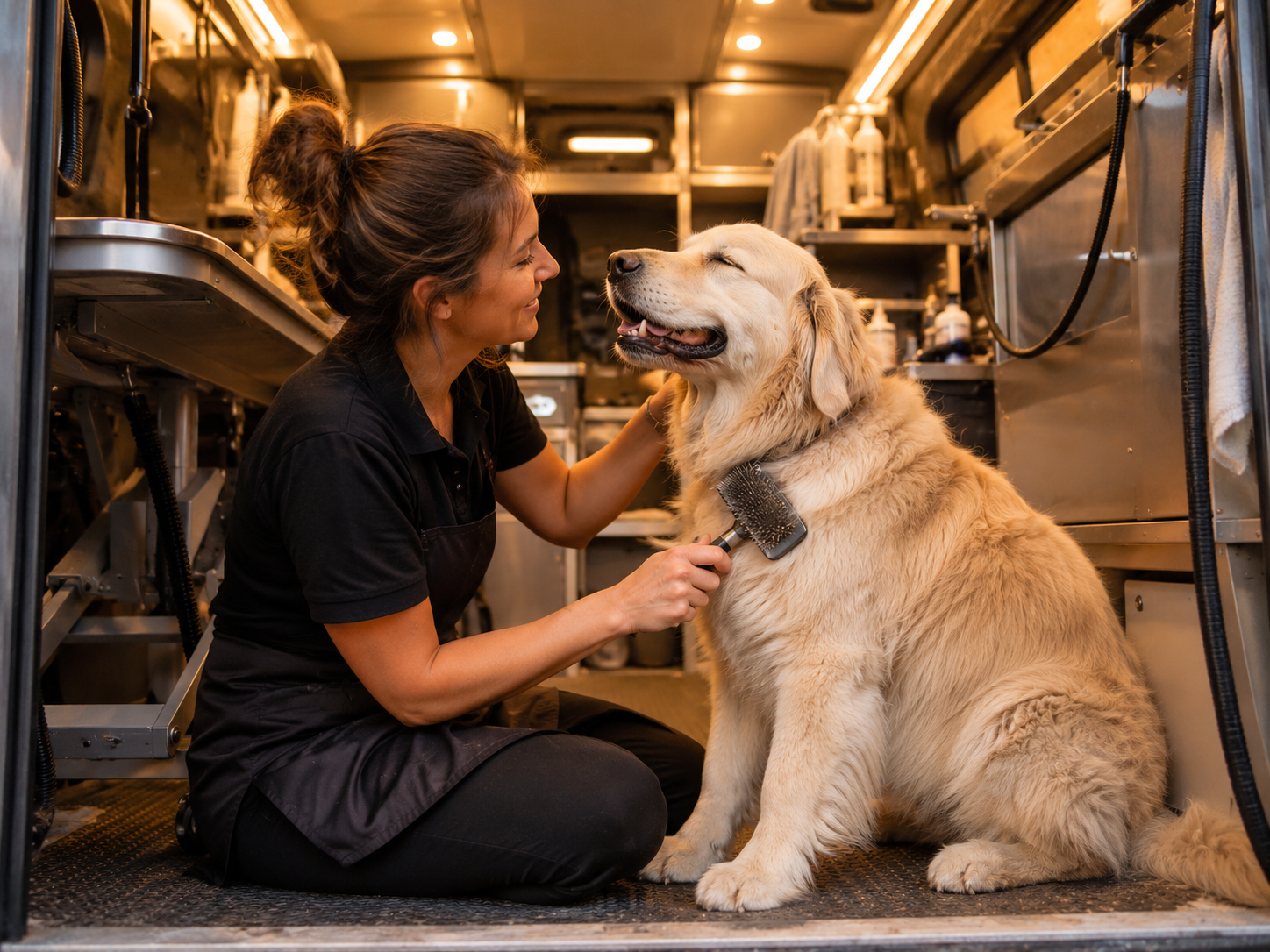Mobile groomer giving one-on-one attention at eye level