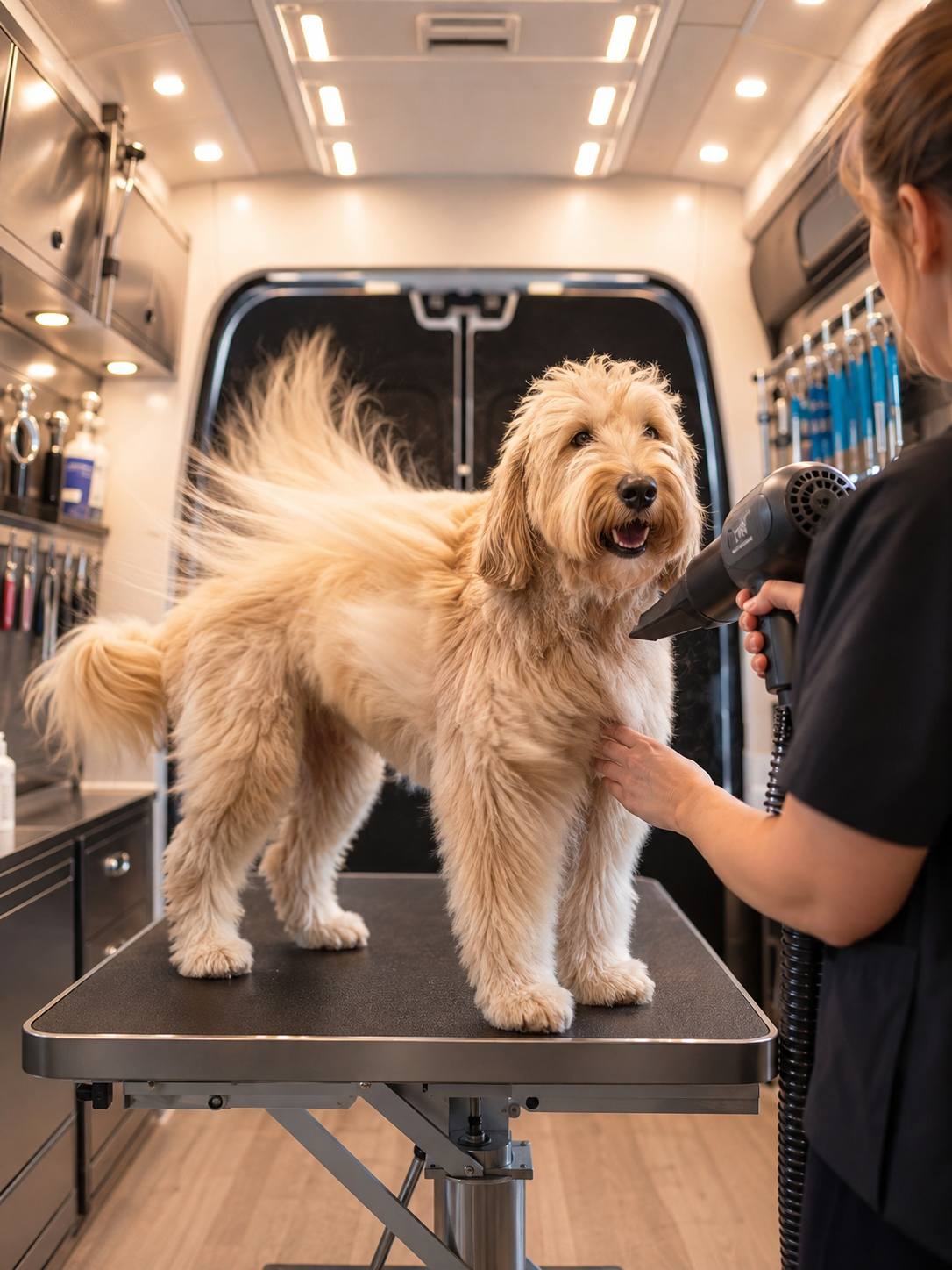 Professional hand-dry station in mobile grooming van