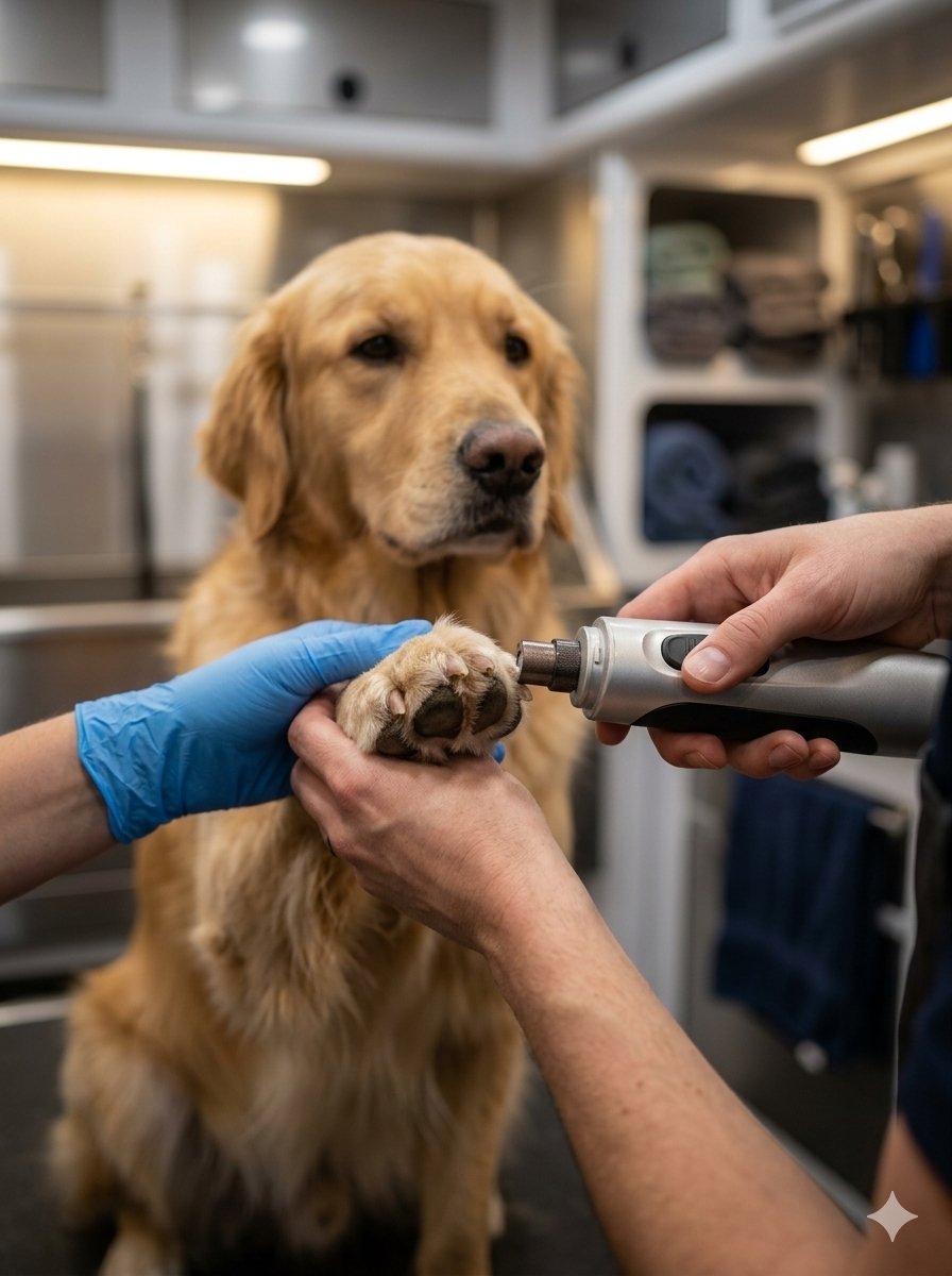 Professional groomer trimming dog nails in mobile grooming van