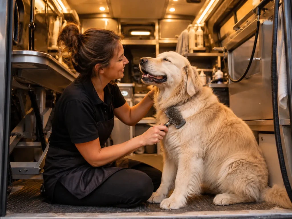 Groomer gently brushing a golden retriever inside the grooming van