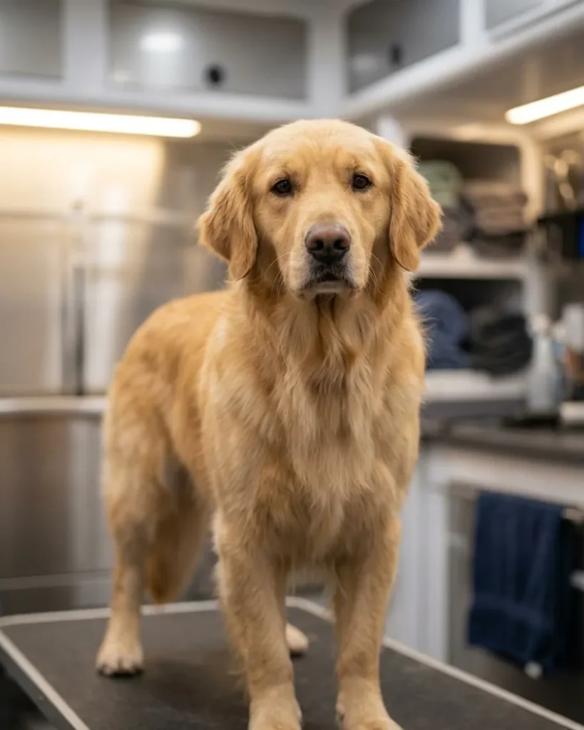 Freshly groomed golden retriever standing on the grooming table