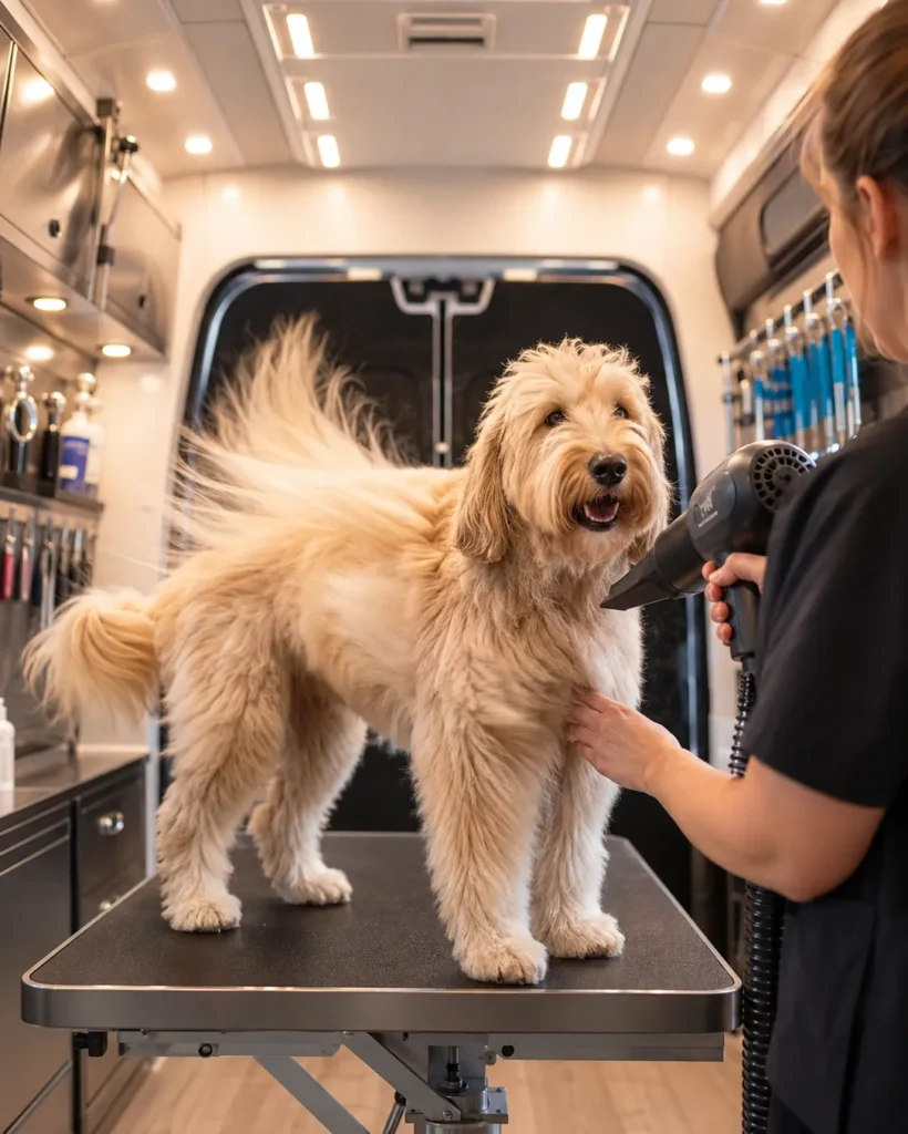 Groomer hand-drying a goldendoodle on the grooming table