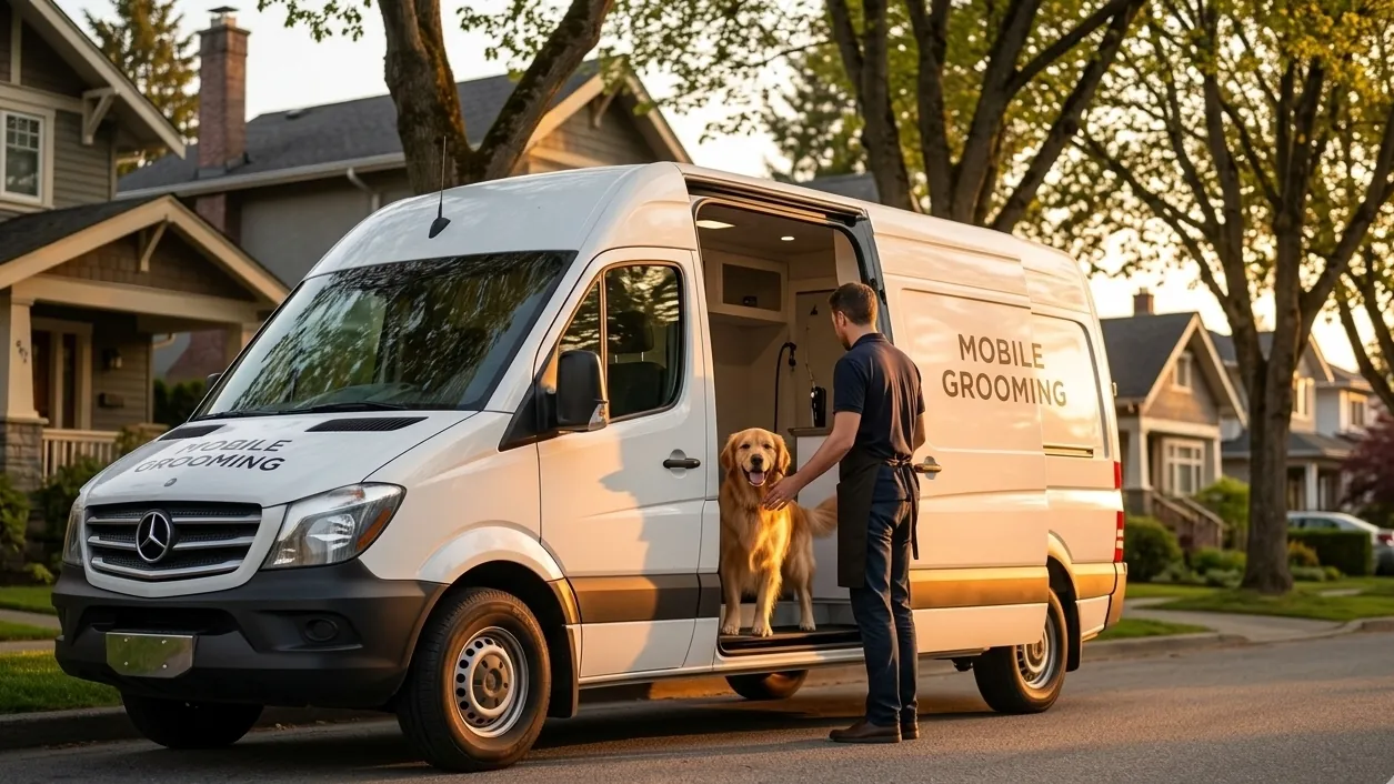 Mobile dog grooming van parked at a client home, with the groomer and dog at the open side door