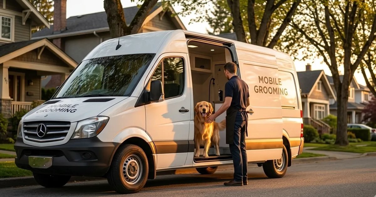 Vancouver Mobile Dog Grooming van with happy dog being groomed at home
